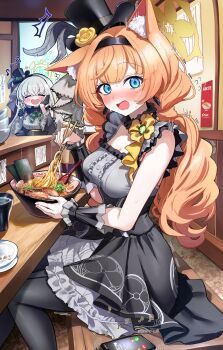 Rule 34 | 2girls, absurdres, animal ear fluff, animal ears, black hairband, black hat, blue archive, blue eyes, blush, bowl, breasts, cellphone, center frills, chopsticks, cleavage, closed eyes, commentary, dress, earrings, flower, food, frilled sleeves, frills, gloves, grey hair, hairband, halo, hand on own cheek, hand on own face, hat, hat feather, hat flower, highres, holding, holding chopsticks, indoors, jewelry, large breasts, long hair, looking at viewer, mari (blue archive), mari (idol) (blue archive), motion lines, multiple girls, musical note, noodles, nose blush, official alternate costume, open mouth, orange hair, phone, plate, ramen, sak (lemondisk), sakurako (blue archive), sakurako (idol) (blue archive), sitting, smartphone, top hat, trembling, very long hair, wide sleeves, yellow flower
