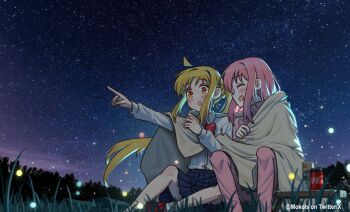 2girls ahoge artist_name blonde_hair blush bocchi_the_rock! bow bowtie camping can closed_eyes coca-cola detached_ahoge gotoh_hitori grass highres ijichi_nijika long_hair multiple_girls myvia_mokols night night_sky outdoors pink_hair pink_track_suit pointing red_eyes school_uniform shared_blanket side_ponytail sitting skirt sky smile star_(sky) starry_sky track_suit twitter_username yellow_eyes yuri