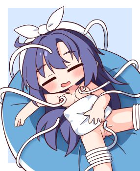 1girl blue_archive blue_background blush breasts chibi chibi_only closed_eyes commentary_request hana_kazari hat highres long_hair lying nipples nude on_back open_mouth pillow purple_hair pussy simple_background solo tentacles white_hat yuuka_(blue_archive)