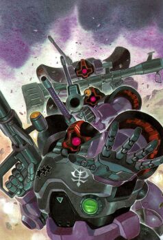 black_tri-stars dom_(mobile_suit) gundam highres holding holding_weapon mecha non-web_source robot weapon yasuhiko_yoshikazu zeon