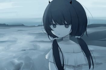 1girl arazan_(ara_arazan24) bandages beach black_eyes black_hair dark dress hashtag-only_commentary horns indie_virtual_youtuber long_hair looking_at_viewer low_twintails off-shoulder_dress off_shoulder outdoors parted_lips ringed_eyes solo stitches twintails virtual_youtuber white_dress yamata_ia