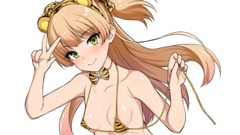 1girl animal_ears animal_print bikini blonde_hair blush breasts commentary_request fake_animal_ears green_eyes hadacra idolmaster idolmaster_cinderella_girls jougasaki_rika long_hair looking_at_viewer micro_bikini nipples small_breasts smile solo swimsuit tiger_ears tiger_print two_side_up untied_bikini_top upper_body v