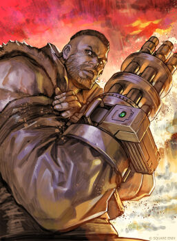 Rule 34 | 1boy, barret wallace, beard, black hair, brown vest, commentary request, dark-skinned male, dark skin, explosion, explosion background, facial hair, facial scar, final fantasy, final fantasy vii, final fantasy vii remake, furrowed brow, hand on own arm, highres, male focus, materia, official art, parted lips, prosthetic weapon, scar, scar on cheek, scar on face, short hair, solo, square enix, upper body, very short hair, vest