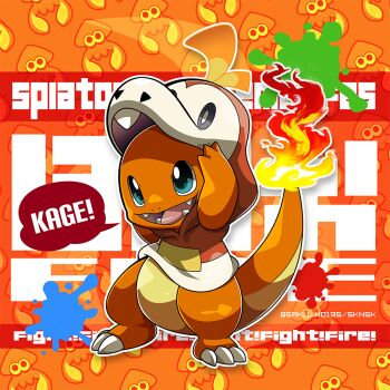 blue_eyes charmander claws clothed_pokemon cosplay fire flame-tipped_tail fuecoco fuecoco_(cosplay) full_body gen_1_pokemon inkling_(swim_form) kumano_sakunosuke nintendo no_humans open_mouth pokemon pokemon_(creature) solo splatoon_(series) splatter standing tail