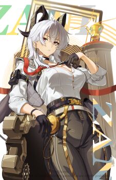 1girl absurdres arm_pouch bags_under_eyes black_choker black_gloves black_horns black_jacket black_pants breasts button_gap character_name chest_harness choker collared_shirt commentary cowboy_shot curled_horns earrings english_commentary gloves grey_hair hair_between_eyes harness high-waist_pants highres horns jacket jacket_on_shoulders jewelry key_earrings large_breasts long_hair necktie pants parted_lips pouch red_eyes red_necktie shield shirt shirt_tucked_in solo sweat thedicardo tight_clothes tight_pants white_shirt wuthering_waves zani_(wuthering_waves)