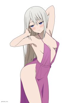 1girl absurdres armpits arms_up blue_eyes blush breasts closed_mouth commentary coro_fae dress english_commentary evening_gown grey_hair halter_dress halterneck highres kaguya-sama_wa_kokurasetai_~tensai-tachi_no_renai_zunousen~ long_hair no_panties purple_dress shirogane_kei side_slit simple_background small_breasts solo straight_hair sweat twitter_username very_long_hair white_background white_hair