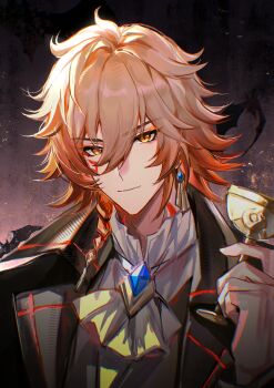 1boy absurdres alternate_costume ascot black_coat black_vest blonde_hair blue_gemstone braid chinese_commentary coat commentary cup earrings facial_tattoo fang gem gold_earrings gradient_hair halloween_costume highres holding holding_cup honkai:_star_rail honkai_(series) jewelry male_focus medium_hair multicolored_hair mydei_(honkai:_star_rail) neck_tattoo qiaose33912 red_hair red_tattoo shirt side_braid solo tattoo vest white_ascot white_shirt yellow_eyes