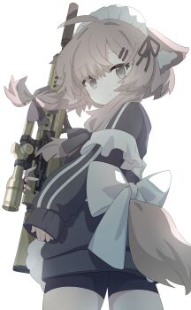 1girl absurdres apron black_bow black_jacket black_shorts bow brown_hair closed_mouth commentary_request frilled_apron frills from_behind grey_eyes gun hair_between_eyes hair_bow highres holding holding_gun holding_weapon jacket long_sleeves looking_at_viewer looking_back m1a mafuyu_(vrchat) nacoty puffy_long_sleeves puffy_sleeves scope shorts simple_background sleeves_past_wrists solo track_jacket vrchat weapon white_apron white_background white_bow