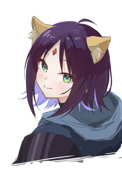 Rule 34 | 1girl, absurdres, ahoge, animal ears, blue hair, blue hoodie, blush, cho kaguya-hime!, closed mouth, colored inner hair, commentary, forehead jewel, fox ears, fox girl, green eyes, highres, hood, hood down, hoodie, looking at viewer, multicolored hair, pipapipakaeru5, purple hair, sakayori iroha, simple background, solo, upper body, white background