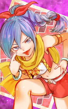 1girl armlet belt blue_eyes blue_hair bow bracelet braid braided_ponytail commentary_request crop_top dragon_quest dragon_quest_xi eyelid_pull floating_clothes floating_hair gold_armlet hair_bow hand_on_own_hip high_braided_ponytail high_ponytail highres jewelry looking_at_viewer maya_(dq11) multiple_armlets navel necklace okotatsu ponytail red_bow red_shorts red_vest scarf shorts solo sparkle tongue tongue_out vest white_belt yellow_scarf
