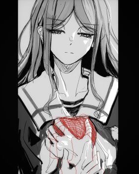 2girls bang_dream! bang_dream!_it's_mygo!!!!! chihaya_anon closed_mouth commentary funame111 greyscale heart highres long_hair monochrome multiple_girls nagasaki_soyo school_uniform sidelocks solo_focus spot_color string string_of_fate tsukinomori_school_uniform