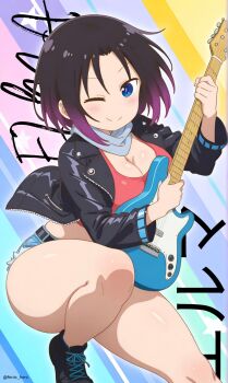 1girl belt blue_eyes blush breasts cleavage closed_mouth dot_nose elma_(maidragon) female_focus fenix_herz guitar holding holding_guitar holding_instrument instrument jacket kobayashi-san_chi_no_maidragon large_breasts legs looking_at_viewer multicolored_hair one_eye_closed shoes short_hair short_shorts shorts smile solo thick_thighs thighs twitter_username