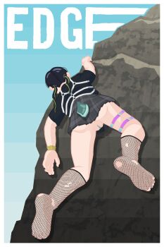 black_hair climbing colored_pussy coqui_saporana fishnet_socks fishnets frog_girl green_pussy harness highres non-web_source o-ring o-ring_harness pleated_skirt rock_climbing short_tail skirt socks tail upskirt virtual_youtuber