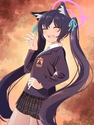 Rule 34 | 1girl, absurdres, animal ear fluff, animal ears, bazz000033, black hair, black jacket, black skirt, blue archive, blue necktie, blue ribbon, cat ears, closed eyes, collared shirt, cowboy shot, fang, hair ribbon, halo, highres, jacket, long hair, long sleeves, necktie, open mouth, pink halo, pleated skirt, ribbon, serika (blue archive), shirt, skin fang, skirt, smile, solo, twintails, white shirt