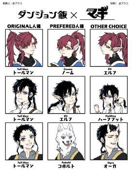 3boys alternate_species black_hair blue_eyes brothers cousins dungeon_meshi earrings elf english_text fangs freckles furry furry_male gnome hair_over_one_eye halfling highres horns jewelry kobold large_ears long_hair looking_at_viewer magi_the_labyrinth_of_magic male_focus mole mole_under_mouth multiple_boys one_eye_closed parody pointy_ears ponytail portrait red_hair ren_hakuren ren_hakuyuu ren_koumei shirt short_hair siblings simple_background smile white_background xuancheng yellow_eyes