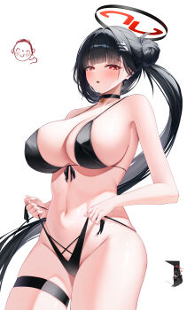 1boy 2girls absurdres alternate_costume anger_vein arched_bangs bikini black_bikini black_hair black_wings blue_archive blunt_bangs blush breasts bright_pupils chibi chibi_inset commentary cosplay doodle_sensei_(blue_archive) feathered_wings fingernails front-tie_bikini_top front-tie_top groin halo hasumi_(blue_archive) hasumi_(blue_archive)_(cosplay) hasumi_(swimsuit)_(blue_archive) highres large_breasts long_hair looking_at_viewer multiple_girls navel open_door red_eyes ringed_eyes rio_(blue_archive) sensei_(blue_archive) shaded_face side_ponytail simple_background skindentation ssb_(nit8921) stomach swimsuit thigh_strap untied_bikini_bottom very_long_hair white_background white_pupils wings