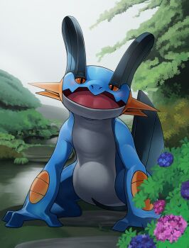 absurdres commentary_request flower gen_3_pokemon highres hydrangea katahane3 looking_at_viewer nintendo no_humans outdoors overcast partial_commentary pokemon pokemon_(creature) pokemon_focus sky stone_walkway swampert tree