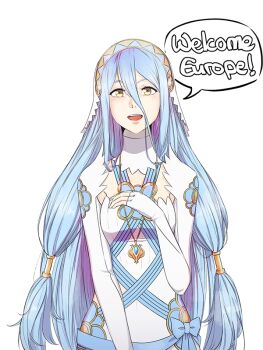 1girl azura_(fire_emblem) blue_hair commentary detached_sleeves elbow_gloves english_text female_focus fingerless_gloves fire_emblem fire_emblem_fates gloves hair_between_eyes hairband jewelry lithety long_hair looking_at_viewer necklace nintendo open_mouth pendant release_date ribbon smile solo speech_bubble transparent_background upper_body very_long_hair white_gloves yellow_eyes