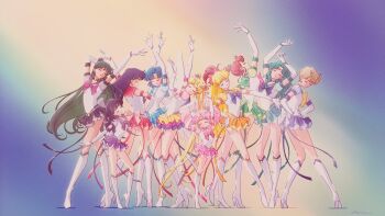 6+girls aino_minako arm_up arms_up bishoujo_senshi_sailor_moon bishoujo_senshi_sailor_moon_stars bishoujo_senshi_sailor_moon_supers black_hair black_sailor_collar black_skirt blonde_hair blue_bow blue_bowtie blue_hair blue_sailor_collar blue_skirt blunt_bangs boots bow bowtie chibi_usa circlet closed_eyes commentary derivative_work elbow_gloves english_commentary eternal_sailor_moon floating_hair full_body gloves green_hair green_sailor_collar green_skirt hair_bobbles hair_bow hair_intakes hair_ornament hand_on_own_hip hands_on_own_hips head_tilt high_heel_boots high_heels highres hino_rei kaiou_michiru kino_makoto knee_boots layered_skirt leotard long_hair long_legs meiou_setsuna miniskirt mizuno_ami multicolored_skirt multiple_girls narrow_waist orange_skirt outstretched_arms pink_bow pink_bowtie pink_hair pink_sailor_collar pink_skirt pleated_skirt ponytail purple_bow purple_bowtie purple_sailor_collar purple_skirt rashiku_ikimasho_(song) red_bow red_bowtie red_hair red_sailor_collar red_skirt sailor_chibi_moon sailor_collar sailor_jupiter sailor_mars sailor_mercury sailor_moon sailor_neptune sailor_pluto sailor_saturn sailor_senshi sailor_senshi_uniform sailor_uranus sailor_venus screenshot_redraw short_hair sidney_deng skirt slender standing super_sailor_chibi_moon_(stars) super_sailor_jupiter_(stars) super_sailor_mars_(stars) super_sailor_mercury_(stars) super_sailor_neptune_(stars) super_sailor_pluto_(stars) super_sailor_saturn_(stars) super_sailor_uranus_(stars) super_sailor_venus_(stars) takahashi_akira_(style) ten&#039;ou_haruka tomoe_hotaru tsukino_usagi twintails very_long_hair white_footwear white_gloves white_leotard yellow_bow yellow_bowtie yellow_sailor_collar