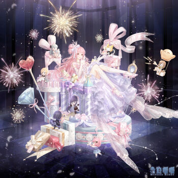 1boy 6+girls ace_(miracle_nikki) aircraft animal ankle_bow ankle_ribbon artist_request bai_jinjin_(miracle_nikki) bare_shoulders birthday blunt_bangs bobo_(miracle_nikki) bow brown_eyes candle castle cat chibi clothed_animal coattails copyright_logo crown diamond_(gemstone) dress elbow_gloves eyelashes fire frilled_dress frills gift gifty_(nikki) gloves hair_bow hair_bun happy heart-shaped_gem high_heels highres holding holding_plate hot_air_balloon jewelry kimi_(miracle_nikki) kneehighs light_particles light_rays logo long_dress long_hair looking_at_viewer mini_crown miracle_nikki momo_(nikki) multiple_girls necklace neva_(miracle_nikki) nikki_(nikki) nikki_(series) off-shoulder_dress off_shoulder official_art open_mouth pink_bow pink_hair pink_shoes pink_sleeves plate ribbon ring royce_(miracle_nikki) shoes short_sleeves single_side_bun sitting size_difference smile socks sparkle_of_stars_(miracle_nikki) stiletto_heels tailcoat third-party_source tuxedo very_long_hair wavy_hair white_bow white_cat white_crown white_dress white_gloves white_socks