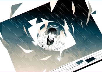 1boy absurdres black_hair black_necktie black_shirt closed_eyes coat collared_shirt commentary dutch_angle english_commentary eye_print eye_reflection facing_viewer falling_paper grin halo highres kim_dokja necktie night omniscient_reader&#039;s_viewpoint open_clothes open_coat rain reflection sanjinmogufufu shirt short_hair sky smile star_(sky) starry_sky superimposition vest white_coat white_vest white_wings wings