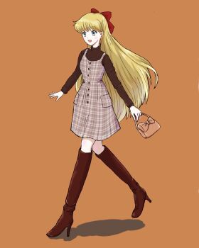 absurdres aino_minako artist_request bishoujo_senshi_sailor_moon blonde_hair blue_eyes boots dress hair_ribbon high_heel high_heel_boots high_heel_boots high_heels highres long_hair open_mouth orange_background ribbon smile thigh_boots walking yosh.i