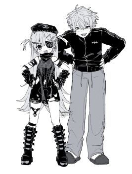 1boy 1girl arm_warmers belt_boots beret boots eyepatch fang fangs flipped_hair full_body greyscale hair_ornament hairclip hands_on_own_hips hat height_difference highres jacket knee_boots kuzuha_(1st_costume)_(nijisanji) kuzuha_(nijisanji) leaning_forward long_hair looking_at_viewer monochrome nijisanji pants riia_(riiakun) shirt short_hair simple_background sleeveless sleeveless_shirt smile torn_clothes torn_shirt track_jacket two_side_up very_long_hair virtual_youtuber vspo! white_background yano_kuromu yano_kuromu_(1st_costume)