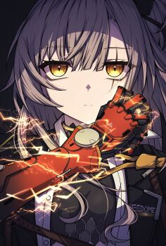 1girl absurdres black_jacket brown_hair commentary_request girls&#039;_frontline girls&#039;_frontline_2:_exilium highres jacket kakuzatou_(cubesugar03196) leva_(girls&#039;_frontline_2) long_hair looking_at_viewer mechanical_arms necktie scar scar_on_face shirt solo ump45_(girls&#039;_frontline) white_shirt yellow_eyes yellow_necktie