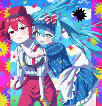 2girls apron artist_name blue_dress blue_hair blue_sky commentary dress drill_hair english_commentary gloves han_fridge hat hatsune_miku highres kasane_teto kasane_teto_(sv) kepi long_hair looking_at_viewer mesmerizer_(vocaloid) military_hat multiple_girls open_mouth pants pinstripe_hat red_hair red_pants short_sleeves sky smiley_hat_ornament striped_clothes sweat synthesizer_v twin_drills twintails visor_cap vocaloid waist_apron yellow_gloves