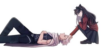 Rule 34 | 1boy, 1girl, archer (fate), black hair, black pantyhose, cape, dark-skinned male, dark skin, fate/stay night, fate/unlimited blade works, fate (series), grey eyes, grey hair, highres, lying, miniskirt, ohmoto 9, on back, pantyhose, pleated skirt, red shirt, shirt, skirt, squatting, tohsaka rin, turtleneck, turtleneck shirt, twitter username, two side up, watermark, white cape