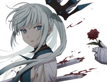 1girl black_dress blood blue_eyes bobi braid crown dress fate/grand_order fate_(series) flower hair_between_eyes half_up_braid highres long_hair morgan_le_fay_(fate) morgan_le_fay_(queen_of_winter)_(fate) ponytail red_flower red_rose rose simple_background spikes sword weapon white_background white_hair