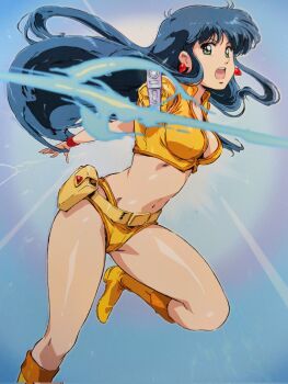 1girl belt blue_eyes blue_hair boots breasts cleavage commentary_request crop_top dirty_pair earrings energy_gun firing highres jewelry leg_up long_hair midriff navel open_mouth shirt short_shorts shorts smash_k-tarou solo standing standing_on_one_leg stomach thighs weapon wristband yellow_boots yellow_shirt yellow_shorts yuri_(dirty_pair)