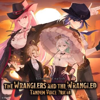 4girls artist_request bandolier bare_shoulders belt blue_eyes bolo_tie breasts cecilia_immergreen cleavage coat cowboy_hat duster_coat facial_hair formal_clothes gigi_murin hand_on_own_hip hat hololive hololive_english large_breasts mori_calliope mori_calliope_(sheriff) multiple_girls mustache nail_polish neckerchief official_art ouro_kronii pink_hair ponytail red_eyes sheriff_badge smile suit umbrella virtual_youtuber