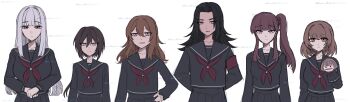 Rule 34 | 6+girls, absurdres, akaruiakiki, alternate universe, april fools, armband, black hair, black serafuku, black skirt, bluesky username, brown hair, collarbone, commentary, curtained hair, english commentary, fenomeno (umamusume), gold ship (umamusume), grey hair, hair between eyes, hand on own hip, hand puppet, hatching (texture), highres, humanization, light smile, linear hatching, long hair, long sleeves, looking at viewer, lucky lilac (umamusume), marche lorraine (umamusume), medium hair, multiple girls, muted color, nakayama festa (umamusume), pleated skirt, ponytail, puppet, purple eyes, purple hair, red armband, school uniform, serafuku, side ponytail, sidelocks, simple background, skirt, stay gold (umamusume), stay gold clan (umamusume), twitter username, umamusume, upper body, watermark, watermark grid, white background, winter uniform