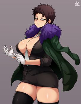 1girl adjusting_clothes adjusting_gloves black_shirt black_skirt boku_no_hero_academia breasts brown_hair buttons overhaul_(boku_no_hero_academia) cleavage dress feather_trim genderswap genderswap_(mtf) gloves green_jacket highres jacket jmg large_breasts looking_at_viewer mask microdress minidress necktie open_clothes open_shirt shirt short_hair skirt serious thighhighs thighs unbuttoned white_gloves white_neckwear yellow_eyes