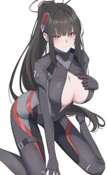 1girl absurdres black_bodysuit black_hair black_halo blue_archive blush bodysuit breasts bright_pupils choppy_bangs cleavage closed_mouth commentary_request ear_blush hair_ornament halo high_ponytail highres large_breasts long_hair long_sidelocks looking_at_viewer multicolored_halo official_alternate_costume official_alternate_hairstyle partially_unzipped ponytail pursed_lips red_eyes red_halo ringed_eyes rio_(armed)_(blue_archive) rio_(blue_archive) sidelocks simple_background sitting solo toorisugari_no_dechikou two-tone_halo very_long_hair wariza white_background white_pupils