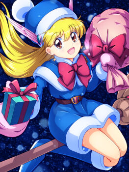 Rule 34 | 1girl, akazukin chacha, belt, blonde hair, blue boots, blue capelet, blue dress, blue hat, boots, bow, box, broom, broom riding, brown belt, capelet, christmas, commentary request, dress, earrings, full body, gift, gift box, hat, highres, holding, holding gift, holding sack, jewelry, knee boots, long hair, looking at viewer, magical girl, magical princess, mimimix, mittens, open mouth, pink mittens, red bow, red eyes, red ribbon, ribbon, sack, santa hat, sidesaddle, sitting, sky, smile, solo, star (symbol), star earrings, wing hat ornament