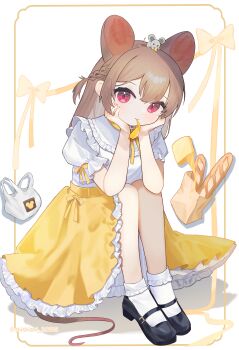 1girl absurdres animal animal_ears animal_on_head baguette black_shoes bobby_socks bread brown_hair cheese food frilled_skirt frills full_body head_rest highres long_hair looking_at_viewer mary_janes mouse_(animal) mouse_ears mouse_girl mouse_tail on_head original puffy_short_sleeves puffy_sleeves shirt shishiodoshi shoes short_sleeves sitting skirt socks solo tail white_shirt white_socks yellow_skirt