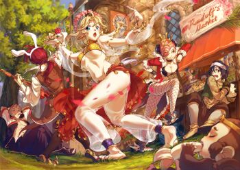 2girls 3boys animal_ears anklet arms_behind_head banana bar_(place) bard_(ragnarok_online) barefoot black_hair blonde_hair blue_eyes blush bracelet breasts brown_eyes cleavage coat crown dancer_(ragnarok_online) earrings english_text esha fishnets flower flower_wreath food fruit fur_trim harem_pants headband highres hoop_earrings instrument jacket jewelry large_breasts lots_of_jewelry merchant_(ragnarok_online) midriff monk_(ragnarok_online) monkey multiple_boys multiple_girls nail_polish navel necklace open_clothes open_coat open_mouth pants pointy_shoes pompadour ponytail rabbit_ears ragnarok_online red_eyes red_hair rogue_(ragnarok_online) rose shoes short_hair short_shorts shorts sitting soles sweater toenail_polish toenails underboob vest violin waistcoat
