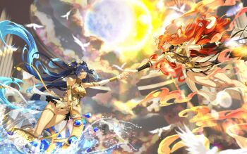 2girls absurdres ancient_greek_clothes arm_armor armlet armor augusta_(wuthering_waves) bare_legs bare_shoulders black_collar blue_eyes blue_hair breastplate breasts cleavage collar commentary eye_contact fine_art_parody gold_bra gradient_hair greatsword greco-roman_clothes hair_between_eyes head_wreath highres holding holding_sword holding_weapon iuno_(wuthering_waves) jewelry legs long_hair looking_at_another medium_breasts multicolored_hair multiple_girls ngkhyn orange_hair parody parted_lips reaching reaching_towards_another red_eyes sword symbol-only_commentary tacet_mark_(wuthering_waves) the_creation_of_adam thighlet thighs very_long_hair weapon wuthering_waves