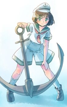 1girl anchor black_hair black_shoes blue_background blush commentary_request full_body gradient_background green_eyes green_sailor_collar hand_on_own_knee hat holding holding_anchor knees murasa_minamitsu neckerchief one-hour_drawing_challenge rangycrow red_neckerchief sailor_collar sailor_hat sailor_shirt shirt shoes short_hair short_sleeves shorts smile socks solo touhou white_shirt white_shorts white_socks