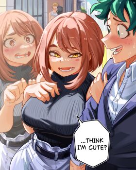 Rule 34 | 2boys, 2girls, absurdres, bare shoulders, boku no hero academia, breasts, bright pupils, brown hair, chainsaw man, chainsaw man's handjob scene, commentary, cross scar, crossover, denji (chainsaw man), green eyes, green hair, highres, large breasts, medium hair, midoriya izuku, multiple boys, multiple girls, nervous smile, open mouth, possessed, scar, sleeveless, sleeveless turtleneck, smile, spanish commentary, speech bubble, toga himiko, turtleneck, uraraka ochako, vlizz, white pupils, worried, yoru (chainsaw man)