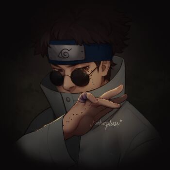Rule 34 | 1boy, aburame shino, blue headband, brown coat, brown eyes, brown hair, bug, coat, commentary, covered mouth, english commentary, forehead protector, headband, highres, kankuroplease, male focus, naruto (classic), naruto (series), portrait, round eyewear, signature, solo, sunglasses
