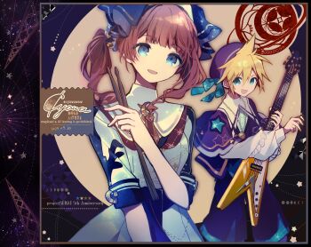 1boy 1girl :d anniversary beret blonde_hair blue_capelet blue_eyes blue_hat blue_pants blue_ribbon blue_vest brown_hair capelet character_request check_character cyawa dress drumsticks electric_guitar gibson_flying_v guitar hair_between_eyes hair_ribbon hat highres holding holding_drumsticks holding_instrument instrument kagamine_len long_hair long_sleeves mochizuki_honami open_mouth pants project_sekai puffy_long_sleeves puffy_sleeves ribbon shirt signature smile twintails vest vocaloid watermark white_dress white_shirt