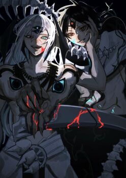 2boys black_hair black_sclera blood blood_on_face blood_on_hands blue_eyes colored_sclera crop_top djinn_equip extra_arms extra_eyes fingernails head_wings heterochromia highres jewelry judal long_fingernails long_hair looking_at_viewer magi_the_labyrinth_of_magic male_focus mole mole_under_mouth multiple_boys navel necklace open_mouth purple_eyes red_eyes ren_hakuryuu smile third_eye topless_male umeki_me white_hair wings