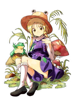 1girl absurdres animal animal_print arm_support black_shoes blonde_hair brown_eyes c: clip_studio_paint_(medium) closed_mouth cross-laced_clothes crossed_legs dated eudetenis flats fly_agaric frog frog_print full_body grass hair_ribbon hand_on_own_chest hand_up hat hatching_(texture) high_collar highres kneehighs knees_up leaf leaning_back linear_hatching long_hair long_sleeves miniskirt moriya_suwako mushroom on_grass on_ground outdoors plant print_skirt purple_skirt purple_vest ribbon shade shoes simple_background sitting skirt skirt_set smile socks solo sun_hat tareme touhou tress_ribbon turtleneck twitter_username vest white_background white_socks wide_sleeves