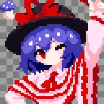 1girl arm_up ascot black_hat bow capelet checkered_background commentary_request frilled_capelet frills grey_background hat hat_bow highres long_sleeves looking_at_viewer mushroom nagae_iku one_eye_closed pixel_art purple_hair red_ascot red_bow red_eyes short_hair solo takeez3 touhou upper_body