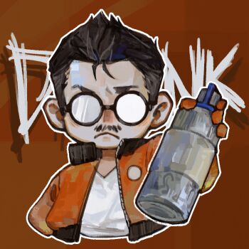 >:( 1boy black_hair bomber_jacket disco_elysium empty_eyes facial_hair facing_viewer glasses gloves hand_on_own_hip hand_up holding holding_spray_can jacket kim_kitsuragi kozmoraven1610 male_focus mustache orange_gloves orange_jacket popped_collar shirt short_hair sideburns solo spray_can v-shaped_eyebrows white_shirt