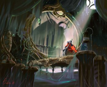 Rule 34 | arthropod girl, behind curtains, black eyes, black skin, colored skin, commentary, curtains, english commentary, frozensoba, highres, holding, hollow eyes, hollow knight, hollow knight: silksong, horned mask, hornet (hollow knight), horns, in-universe location, indoors, instrument, looking at another, mask, music, needolin (hollow knight), playing instrument, silk, sitting, spider web, spool, white mask