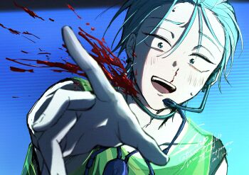 1boy alien_stage blood blood_from_neck blood_spray blue_background choker commentary_request dated green_eyes green_tank_top grey_choker grey_hair headset highres male_focus microphone open_mouth outstretched_arm partial_commentary portrait reaching reaching_towards_viewer see-through_tank_top sho_(shoootaya) short_hair signature smile solo sweat tank_top till_(alien_stage) twitter_username